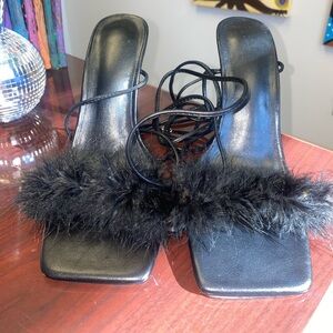 Elegant Black Fur Strap Heels